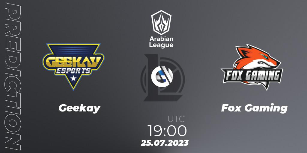 Geekay vs Fox Gaming: Match Prediction. 25.07.2023 at 20:00, LoL, Arabian League Summer 2023 - Group Stage