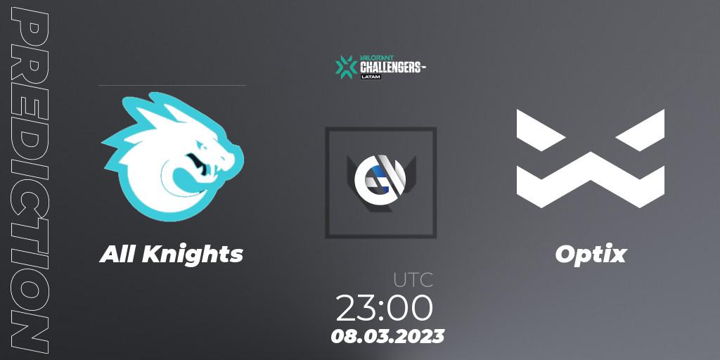 All Knights vs Optix: Match Prediction. 08.03.2023 at 23:00, VALORANT, VALORANT Challengers 2023: LAS Split 1
