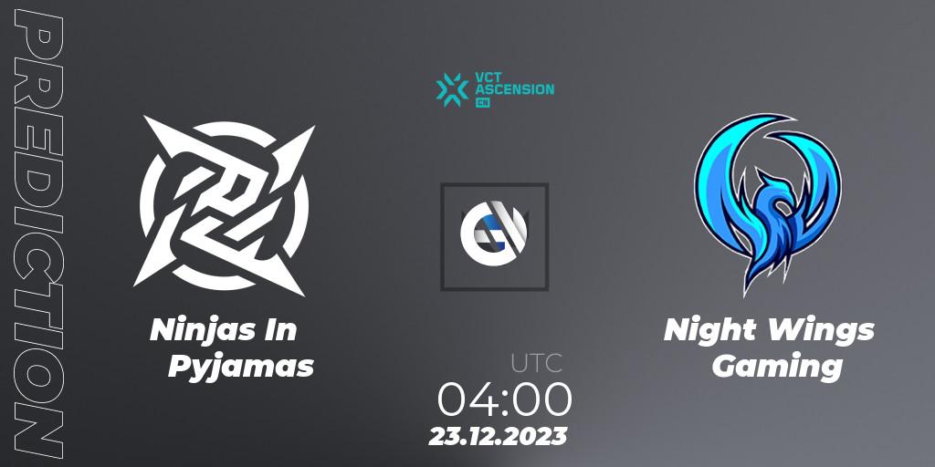 Ninjas In Pyjamas vs Night Wings Gaming: Match Prediction. 23.12.2023 at 04:00, VALORANT, VALORANT China Ascension 2023