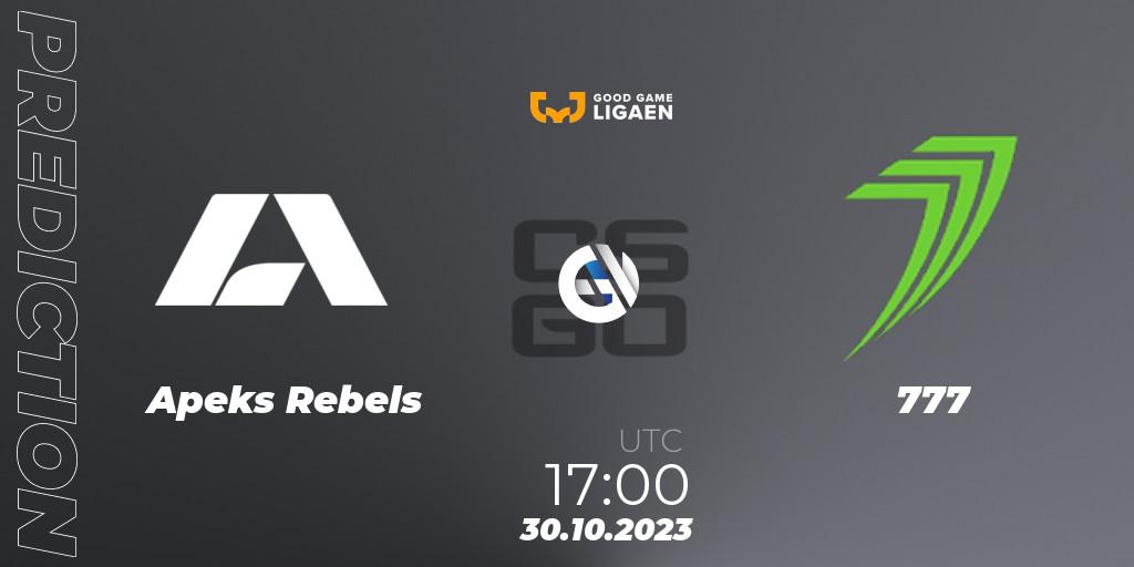 Apeks Rebels vs 777: Match Prediction. 30.10.2023 at 17:00, Counter-Strike (CS2), Good Game-ligaen Fall 2023: Regular Season