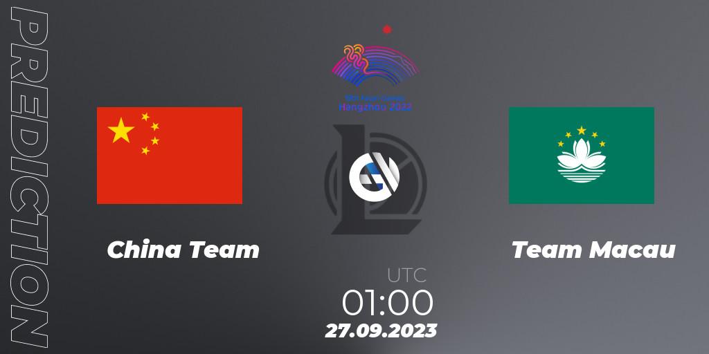 China Team vs Team Macau: Match Prediction. 27.09.2023 at 01:00, LoL, 2022 Asian Games