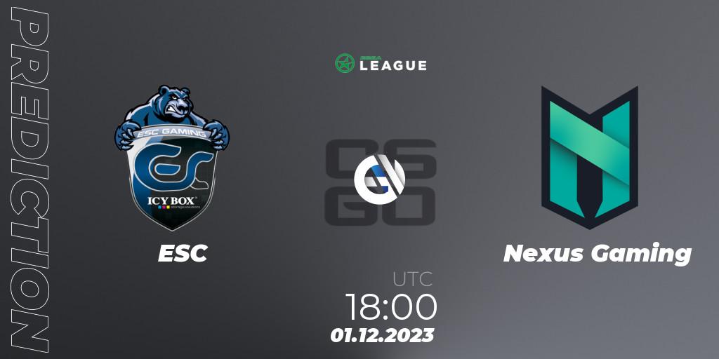 ESC vs Nexus Gaming: Match Prediction. 01.12.2023 at 18:00, Counter-Strike (CS2), ESEA Season 47: Advanced Division - Europe