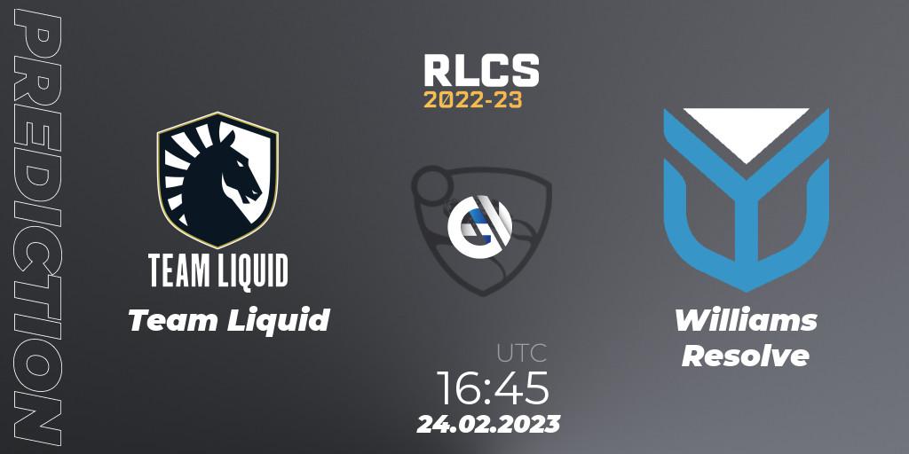 Team Liquid vs Williams Resolve: Match Prediction. 24.02.2023 at 16:45, Rocket League, RLCS 2022-23 - Winter: Europe Regional 3 - Winter Invitational