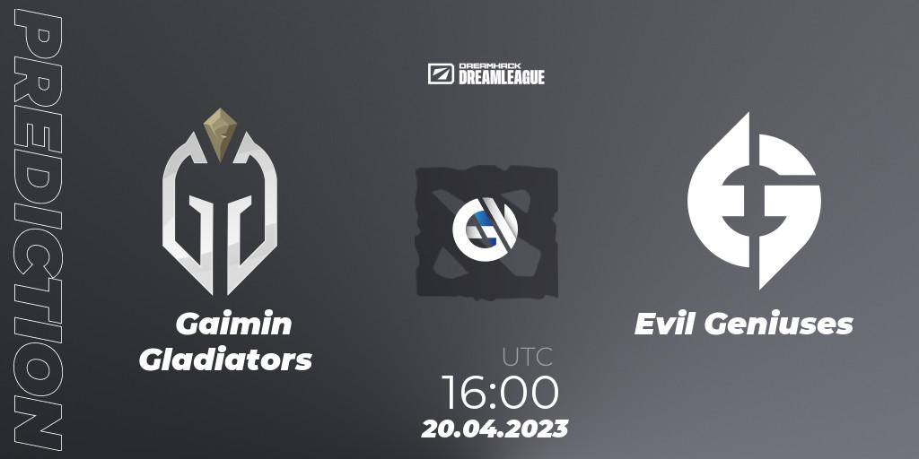 Gaimin Gladiators vs Evil Geniuses: Match Prediction. 20.04.2023 at 15:55, Dota 2, DreamLeague Season 19 - Group Stage 2