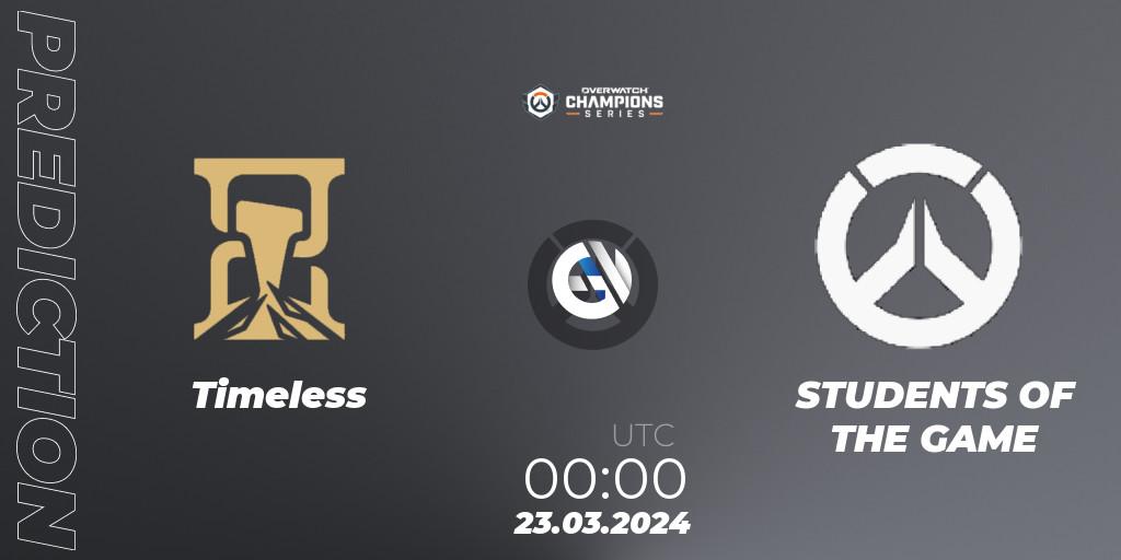 Timeless vs STUDENTS OF THE GAME: Match Prediction. 22.03.2024 at 23:00, Overwatch, Overwatch Champions Series 2024 - North America Stage 1 Main Event