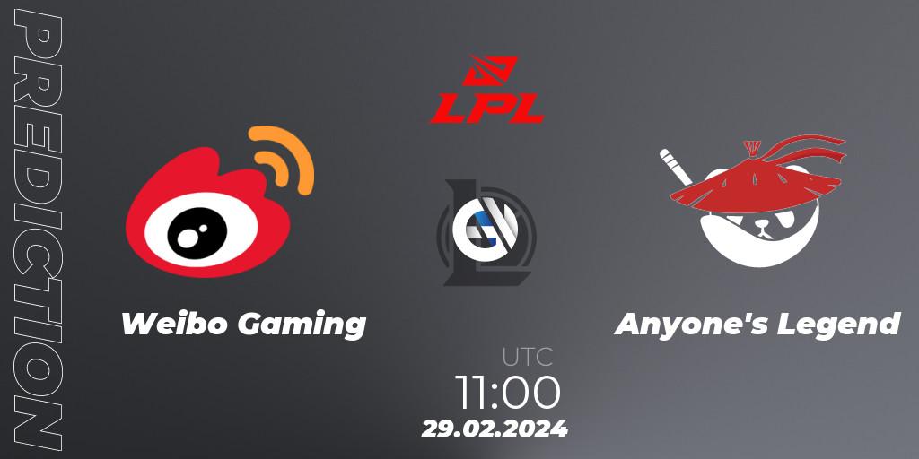 Weibo Gaming vs Anyone's Legend: Match Prediction. 29.02.24, LoL, LPL Spring 2024 - Group Stage