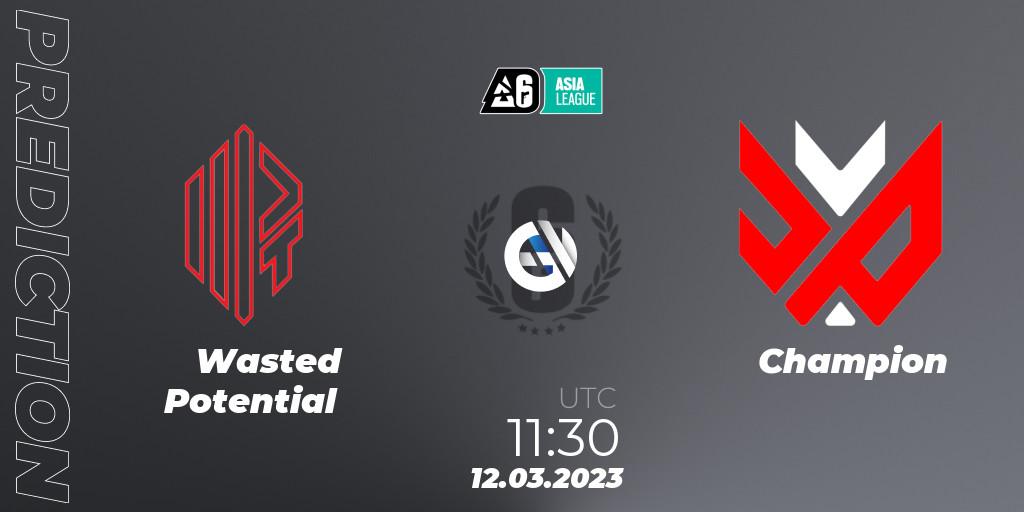 Wasted Potential vs Champion: Match Prediction. 12.03.2023 at 11:30, Rainbow Six, SEA League 2023 - Stage 1