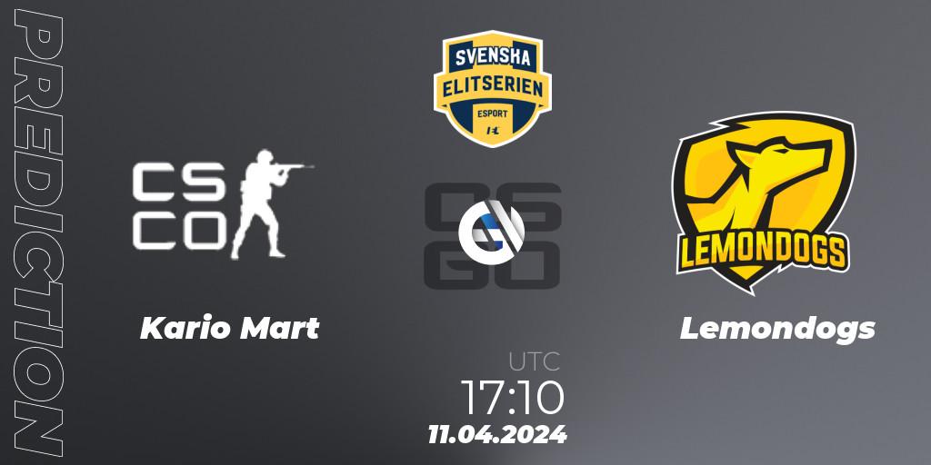 Kario Mart vs Lemondogs: Match Prediction. 11.04.2024 at 17:10, Counter-Strike (CS2), Svenska Elitserien Spring 2024