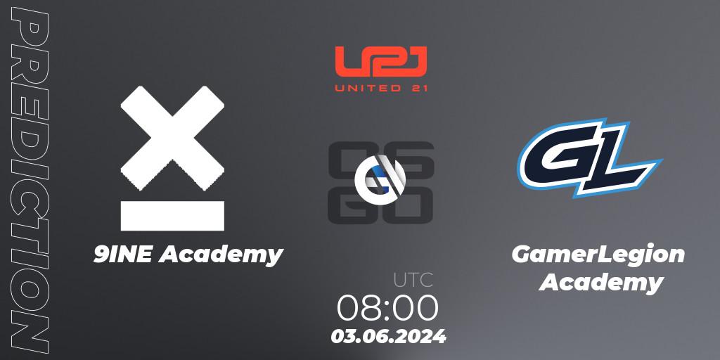 9INE Academy vs GamerLegion Academy: Match Prediction. 03.06.2024 at 08:00, Counter-Strike (CS2), United21 Season 16