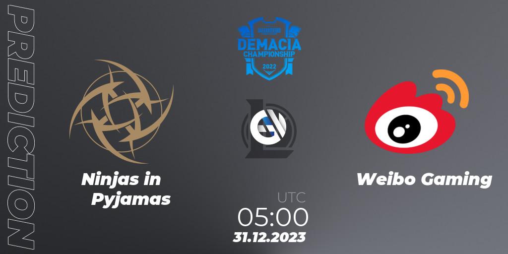 Ninjas in Pyjamas vs Weibo Gaming: Match Prediction. 31.12.2023 at 05:00, LoL, Demacia Cup 2023 Playoffs