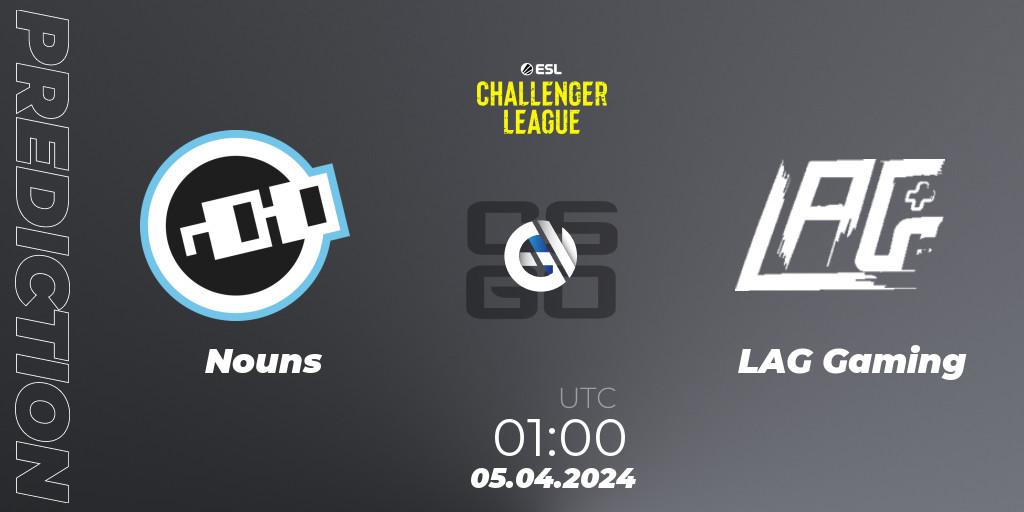 Nouns vs LAG Gaming: Match Prediction. 05.04.2024 at 01:00, Counter-Strike (CS2), ESL Challenger League Season 47: North America