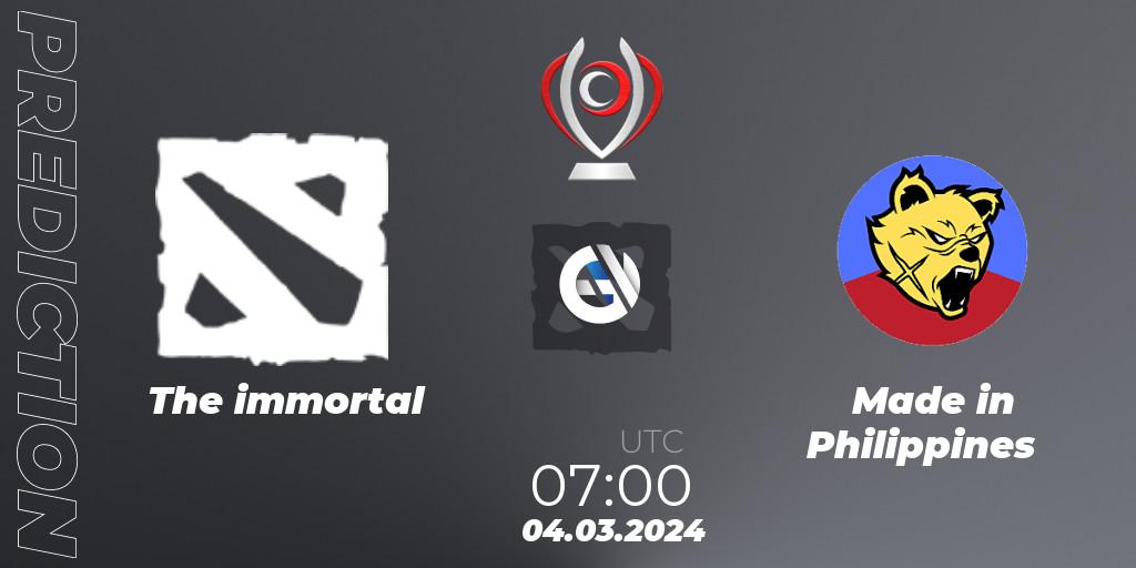 The immortal vs Made in Philippines: Match Prediction. 04.03.2024 at 07:00, Dota 2, Opus League