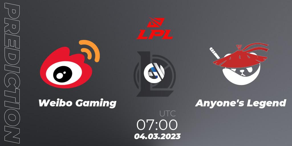 Weibo Gaming vs Anyone's Legend: Match Prediction. 04.03.2023 at 07:00, LoL, LPL Spring 2023 - Group Stage