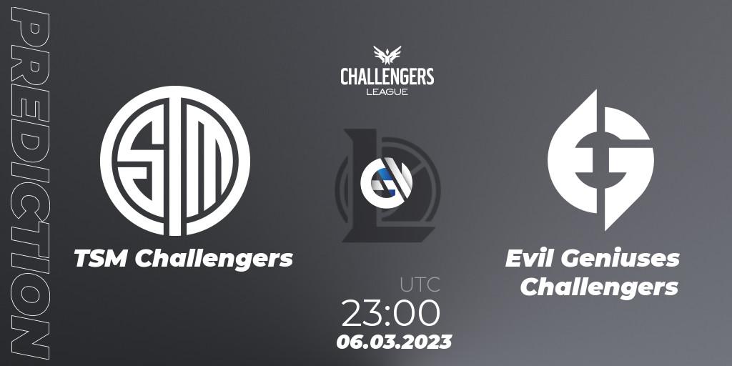 TSM Challengers vs Evil Geniuses Challengers: Match Prediction. 06.03.2023 at 22:55, LoL, NACL 2023 Spring - Group Stage