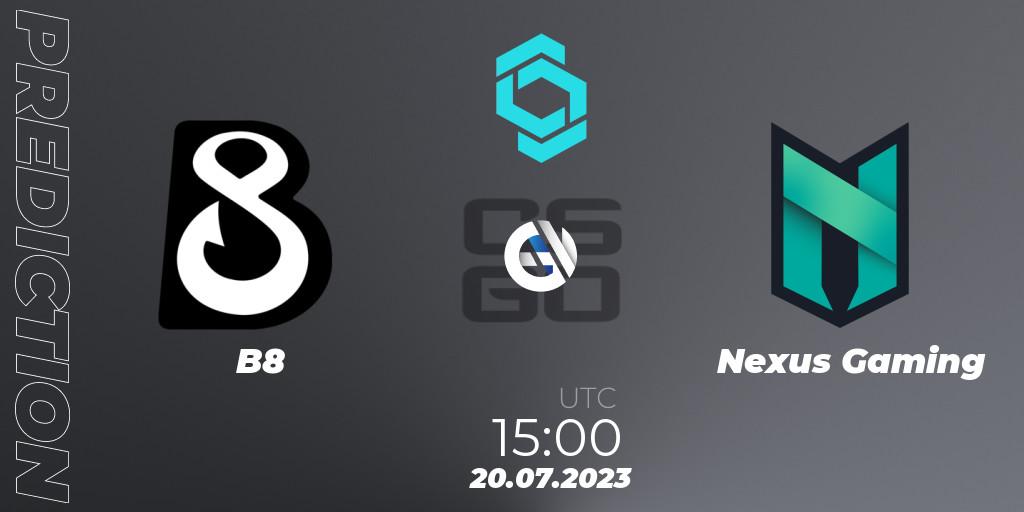 B8 vs Nexus Gaming: Match Prediction. 20.07.2023 at 16:10, Counter-Strike (CS2), CCT North Europe Series #6