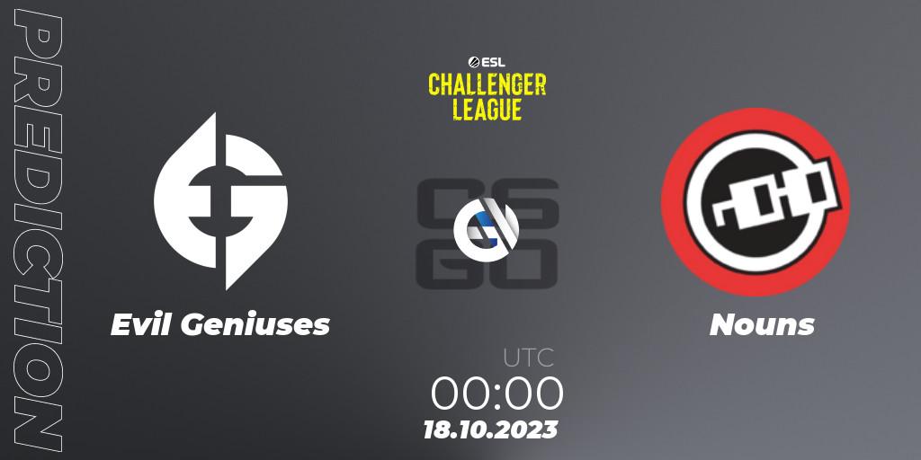 Evil Geniuses vs Nouns: Match Prediction. 18.10.2023 at 00:00, Counter-Strike (CS2), ESL Challenger League Season 46: North America