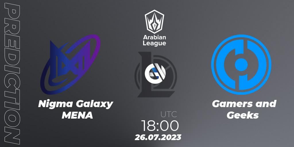 Nigma Galaxy MENA vs Gamers and Geeks: Match Prediction. 26.07.23, LoL, Arabian League Summer 2023 - Group Stage