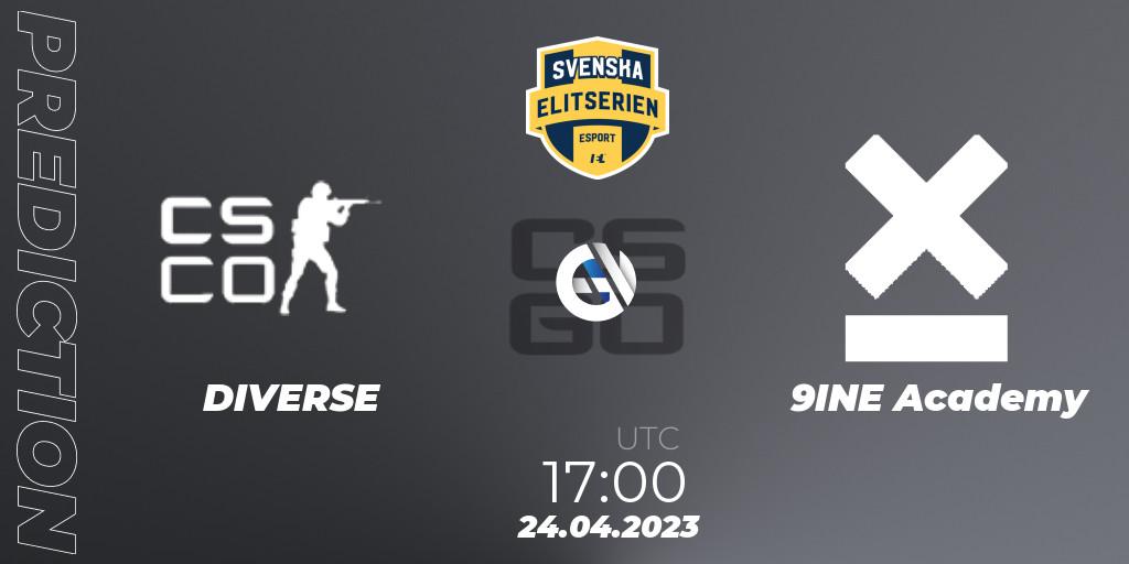 DIVERSE vs 9INE Academy: Match Prediction. 24.04.2023 at 17:00, Counter-Strike (CS2), Svenska Elitserien Spring 2023: Online Stage