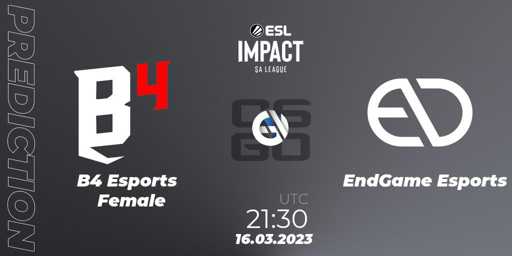 B4 Esports Female vs EndGame Esports: Match Prediction. 16.03.23, CS2 (CS:GO), ESL Impact League Season 3: South American Division