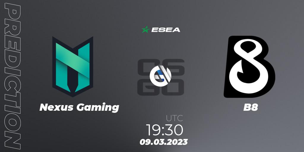 Nexus Gaming vs B8: Match Prediction. 09.03.2023 at 18:30, Counter-Strike (CS2), ESEA Season 44: Advanced Division - Europe