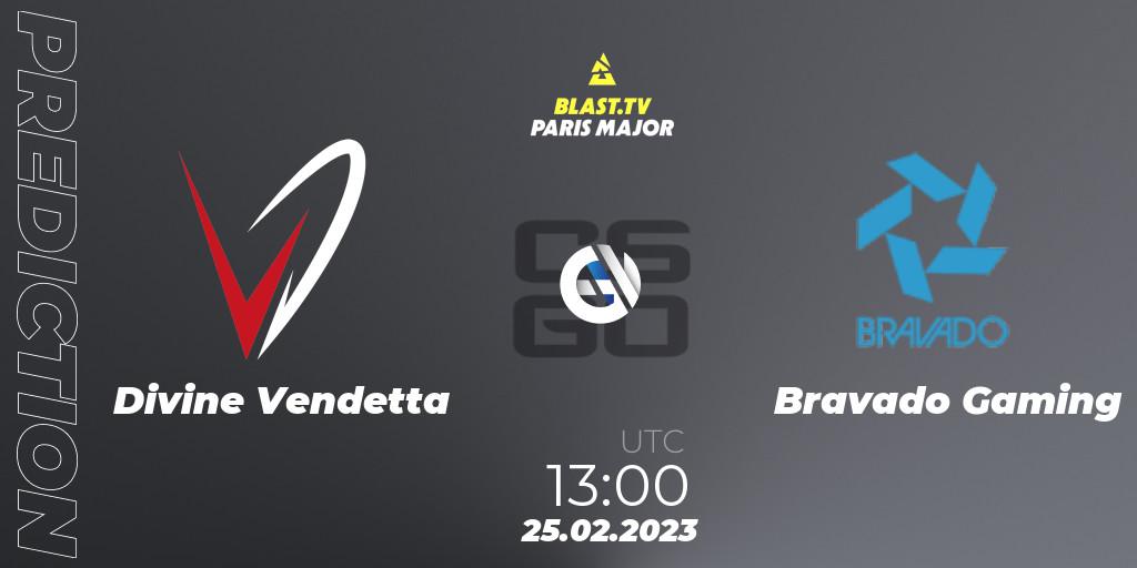Divine Vendetta vs Bravado Gaming: Match Prediction. 25.02.2023 at 13:00, Counter-Strike (CS2), BLAST.tv Paris Major 2023 Middle East RMR Closed Qualifier