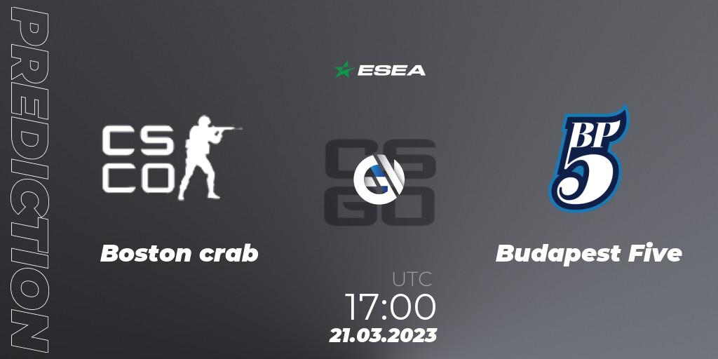 Boston crab vs Budapest Five: Match Prediction. 21.03.2023 at 17:00, Counter-Strike (CS2), ESEA Season 44: Advanced Division - Europe