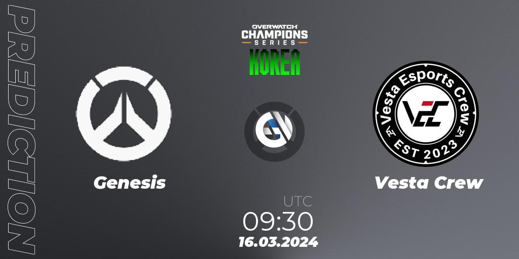 Genesis vs Vesta Crew: Match Prediction. 16.03.2024 at 09:30, Overwatch, Overwatch Champions Series 2024 - Stage 1 Korea