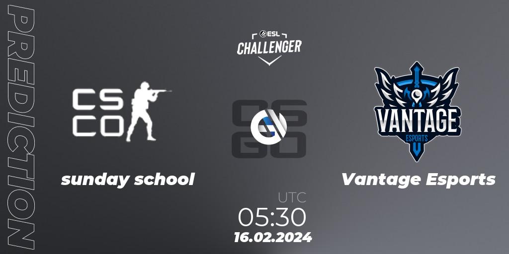 sunday school vs Vantage Esports: Match Prediction. 16.02.2024 at 05:30, Counter-Strike (CS2), ESL Challenger #56: Oceanic Closed Qualifier