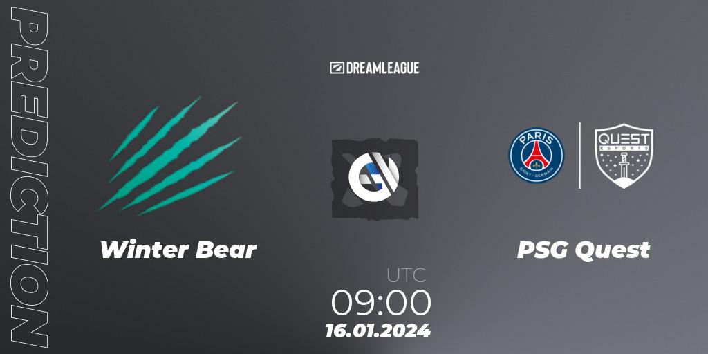 Winter Bear vs PSG Quest: Match Prediction. 16.01.2024 at 09:06, Dota 2, DreamLeague Season 22: MENA Closed Qualifier