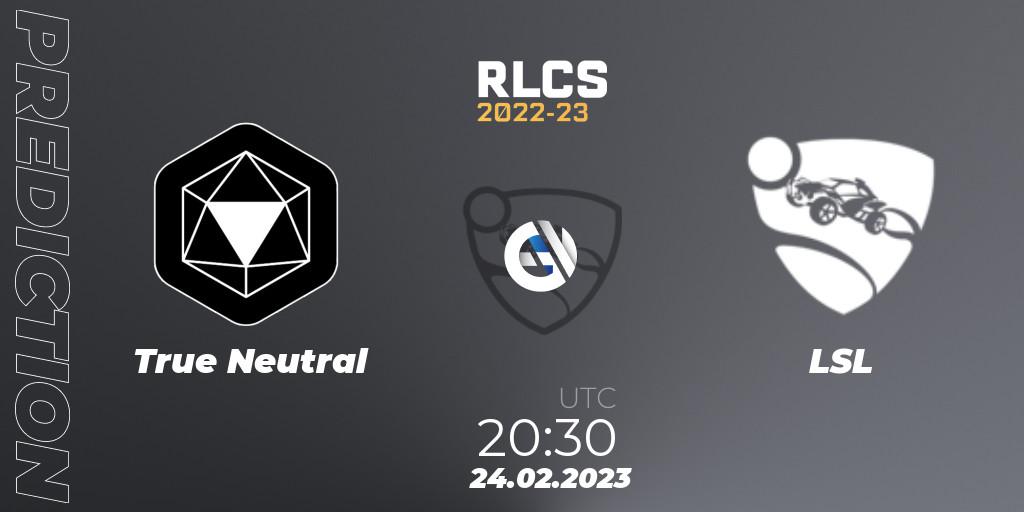 True Neutral vs LSL: Match Prediction. 24.02.2023 at 20:30, Rocket League, RLCS 2022-23 - Winter: South America Regional 3 - Winter Invitational