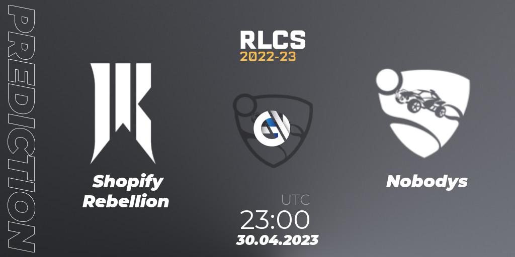 Shopify Rebellion vs Nobodys: Match Prediction. 30.04.2023 at 23:00, Rocket League, RLCS 2022-23 - Spring: North America Regional 1 - Spring Open: Closed Qualifier