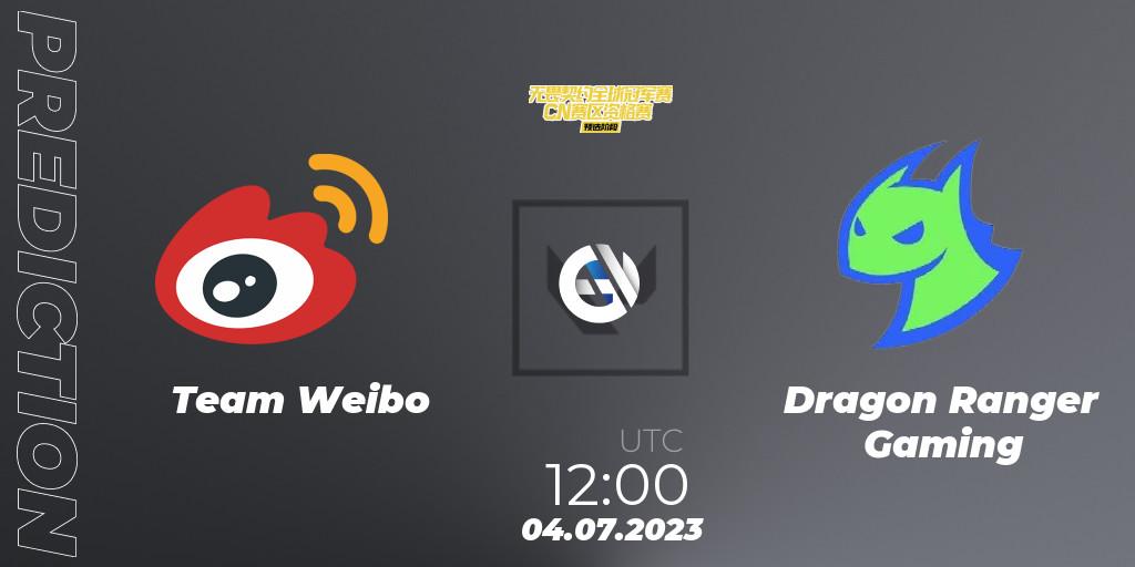 Team Weibo vs Dragon Ranger Gaming: Match Prediction. 04.07.2023 at 12:00, VALORANT, VALORANT Champions Tour 2023: China Qualifier