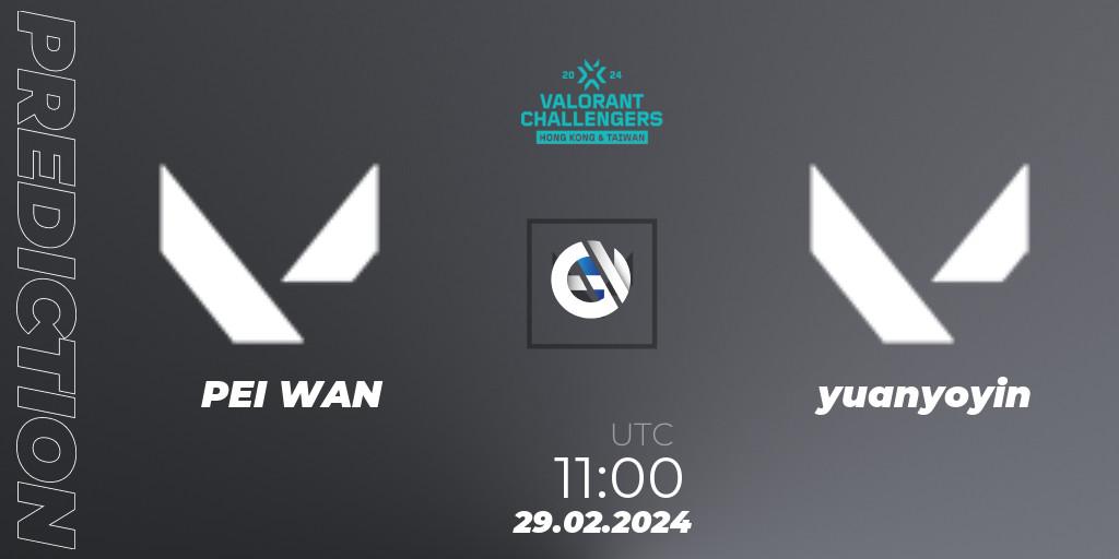 PEI WAN vs yuanyoyin: Match Prediction. 29.02.2024 at 11:00, VALORANT, VALORANT Challengers Hong Kong and Taiwan 2024: Split 1