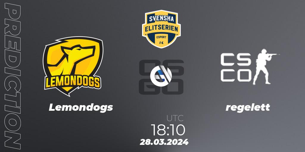 Lemondogs vs regelett: Match Prediction. 28.03.2024 at 18:10, Counter-Strike (CS2), Svenska Elitserien Spring 2024