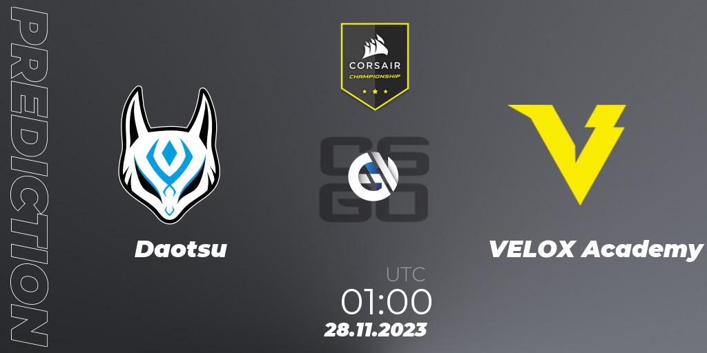 Daotsu vs VELOX Academy: Match Prediction. 28.11.2023 at 01:30, Counter-Strike (CS2), Corsair Championship 2023