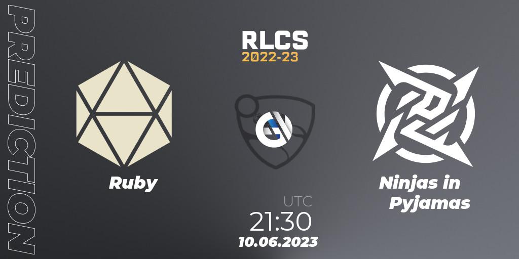 Ruby vs Ninjas in Pyjamas: Match Prediction. 10.06.2023 at 21:45, Rocket League, RLCS 2022-23 - Spring: South America Regional 3 - Spring Invitational