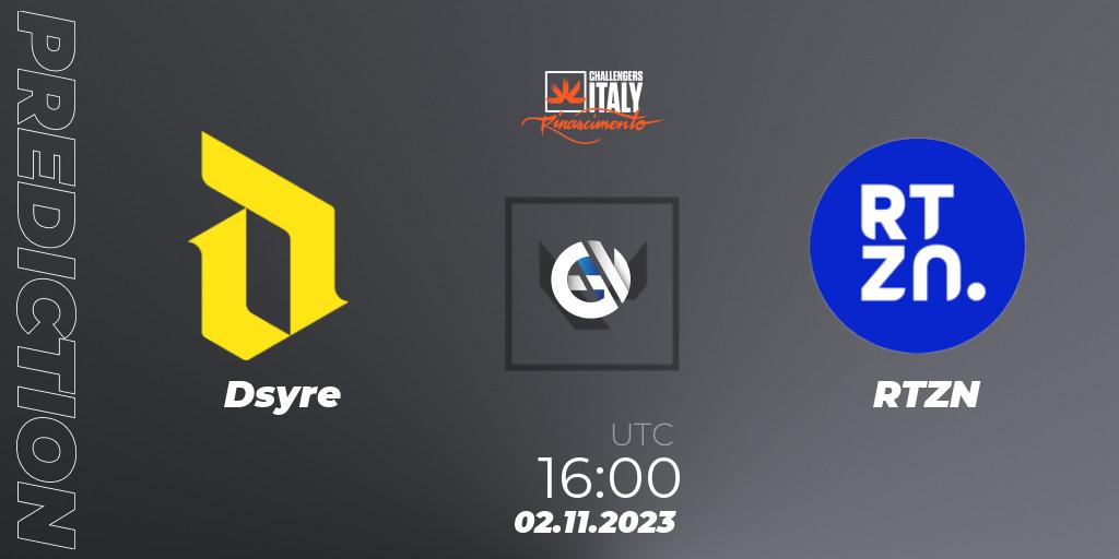 Dsyre vs RTZN: Match Prediction. 02.11.2023 at 16:00, VALORANT, VALORANT Challengers 2023 Italy: ON // THE BATTLEFIELD