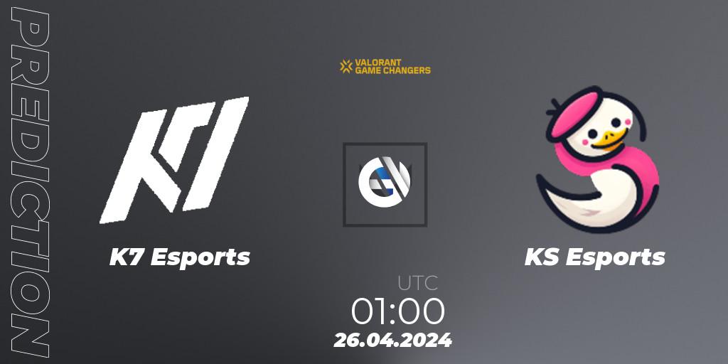 K7 Esports vs KS Esports: Match Prediction. 26.04.2024 at 01:00, VALORANT, VCT 2024: Game Changers LAN - Opening