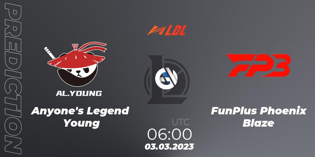 Anyone's Legend Young vs FunPlus Phoenix Blaze: Match Prediction. 03.03.2023 at 06:00, LoL, LDL 2023 - Regular Season