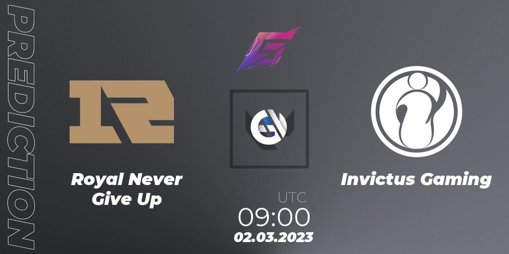 Royal Never Give Up vs Invictus Gaming: Match Prediction. 02.03.2023 at 09:00, VALORANT, FGC Valorant Invitational 2023: Act 1 - Open Qualifier