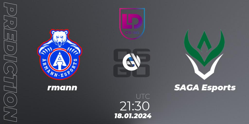 Ármann vs SAGA Esports: Match Prediction. 18.01.2024 at 21:30, Counter-Strike (CS2), Icelandic Esports League Season 8: Regular Season
