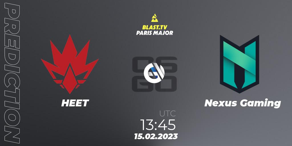 HEET vs Nexus Gaming: Match Prediction. 15.02.2023 at 13:45, Counter-Strike (CS2), BLAST.tv Paris Major 2023 Europe RMR Open Qualifier 2