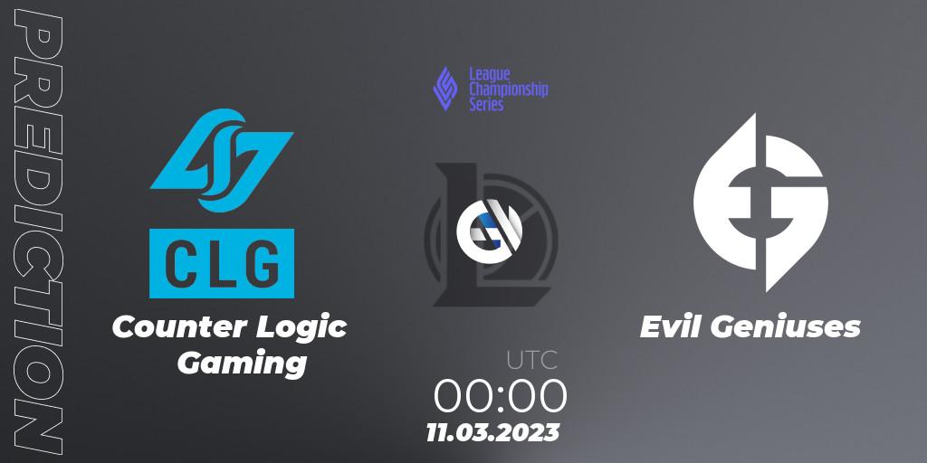Counter Logic Gaming vs Evil Geniuses: Match Prediction. 11.03.23, LoL, LCS Spring 2023 - Group Stage
