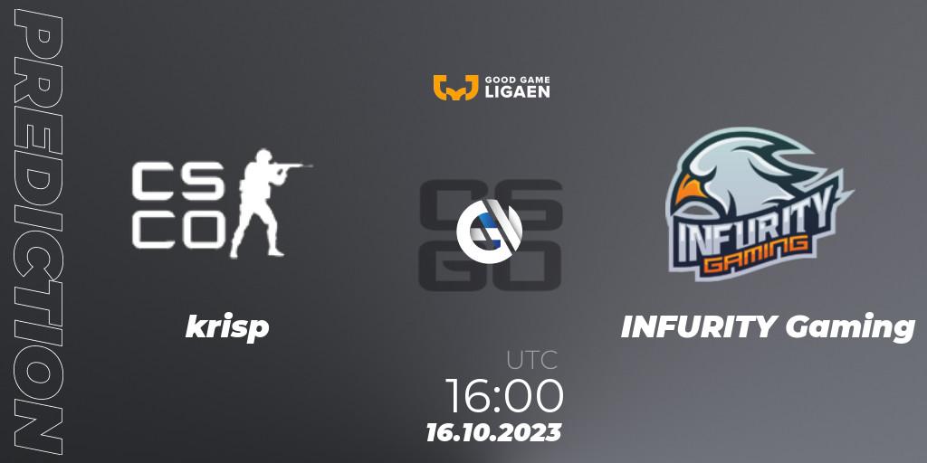 krisp vs INFURITY Gaming: Match Prediction. 23.10.2023 at 16:00, Counter-Strike (CS2), Good Game-ligaen Fall 2023: Regular Season