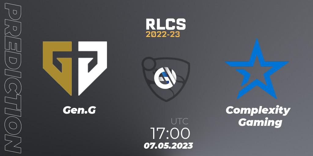 Gen.G vs Complexity Gaming: Match Prediction. 07.05.2023 at 20:00, Rocket League, RLCS 2022-23 - Spring: North America Regional 1 - Spring Open - Playoffs 
