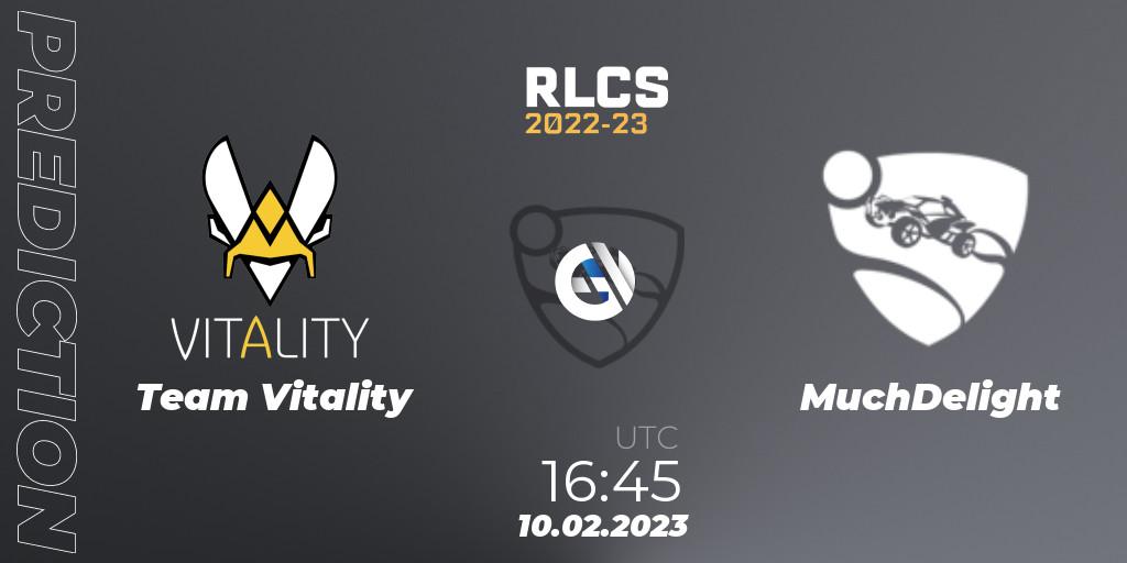 Team Vitality vs MuchDelight: Match Prediction. 10.02.2023 at 16:45, Rocket League, RLCS 2022-23 - Winter: Europe Regional 2 - Winter Cup
