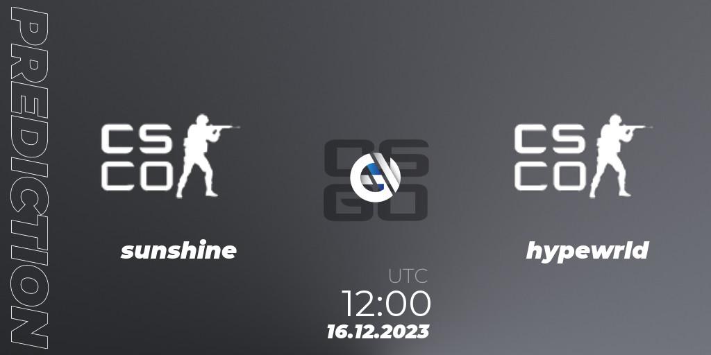 sunshine! vs hypewrld: Match Prediction. 16.12.2023 at 12:40, Counter-Strike (CS2), kleverr Virsliga Season 1 Finals