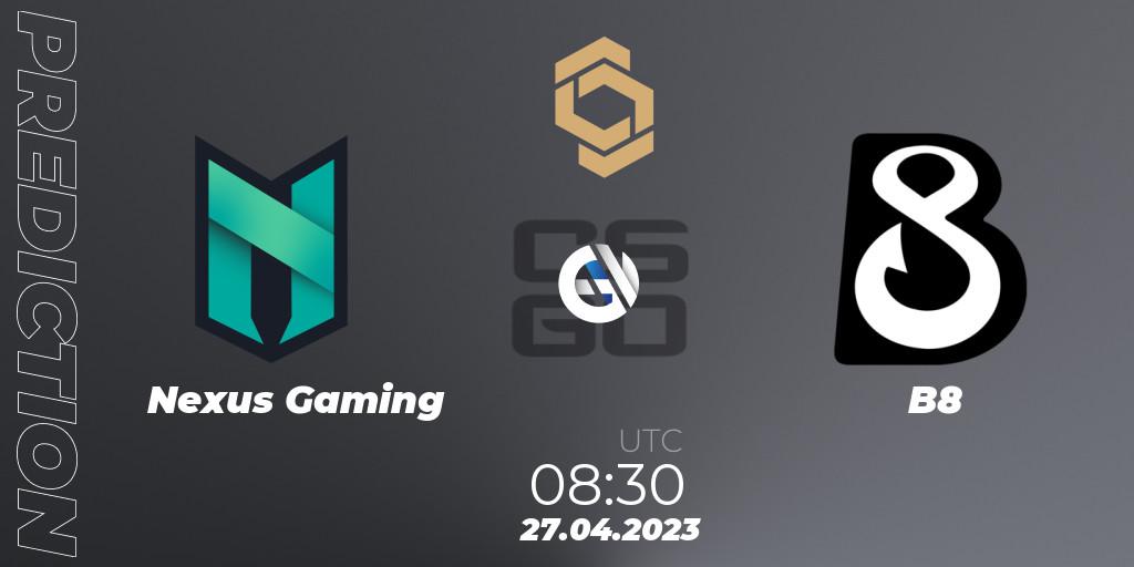 Nexus Gaming vs B8: Match Prediction. 27.04.2023 at 08:30, Counter-Strike (CS2), CCT South Europe Series #4