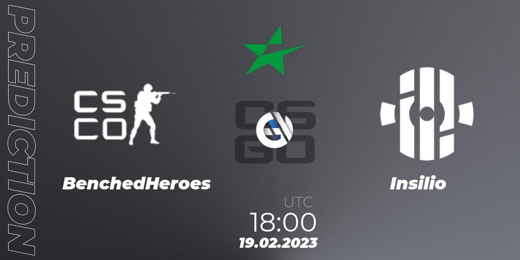 BenchedHeroes vs Insilio: Match Prediction. 19.02.2023 at 18:00, Counter-Strike (CS2), ESEA Winter 2023 Cash Cup 4 Europe