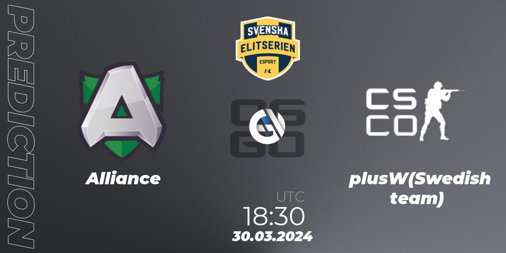 Alliance vs plusW(Swedish team): Match Prediction. 28.03.2024 at 15:10, Counter-Strike (CS2), Svenska Elitserien Spring 2024